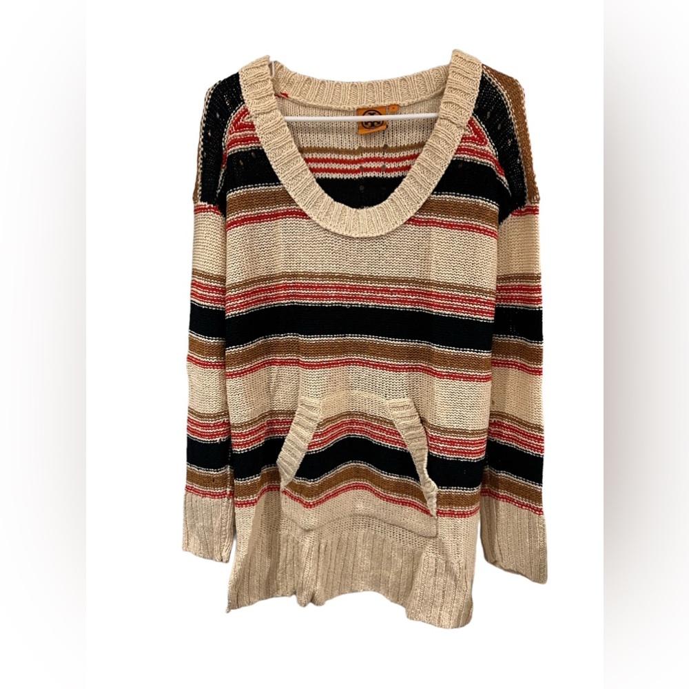 Tory Burch Stripe Sweater Tunic Womens Linen Cotton Tan Red Oversized NWOT